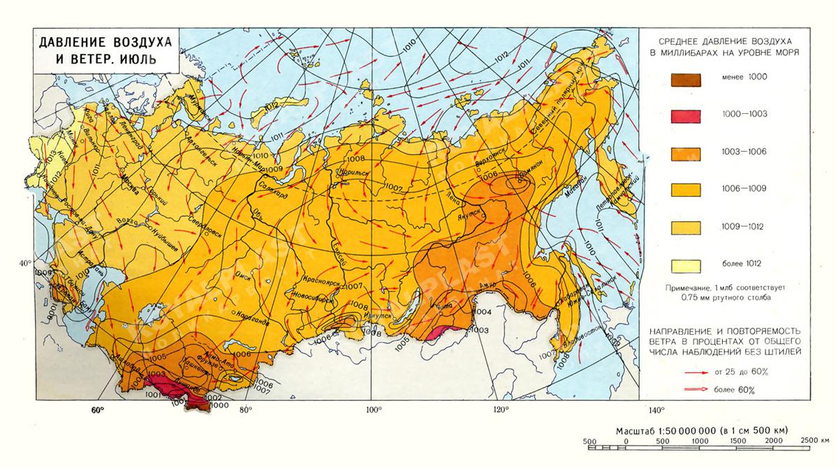 Карта районирования давления воздуха и ветра июль